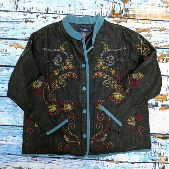 Denim & Co. Dark Jean Jacket Embroidered 1X - Picture 3 of 7